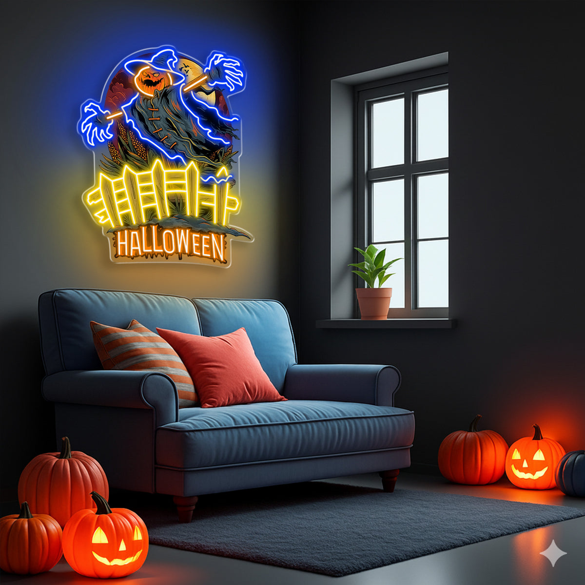 Scary Pumpkin Scarecrow Neon Sign – Halloween LED Wall Light for Spooky Party & Haunted House Décor