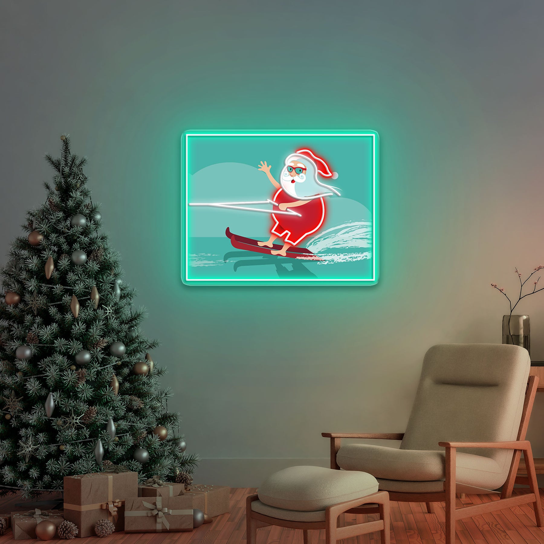 Surfing Santa Neon Sign – Fun Christmas LED Wall Light for Beach Lovers & Holiday Décor