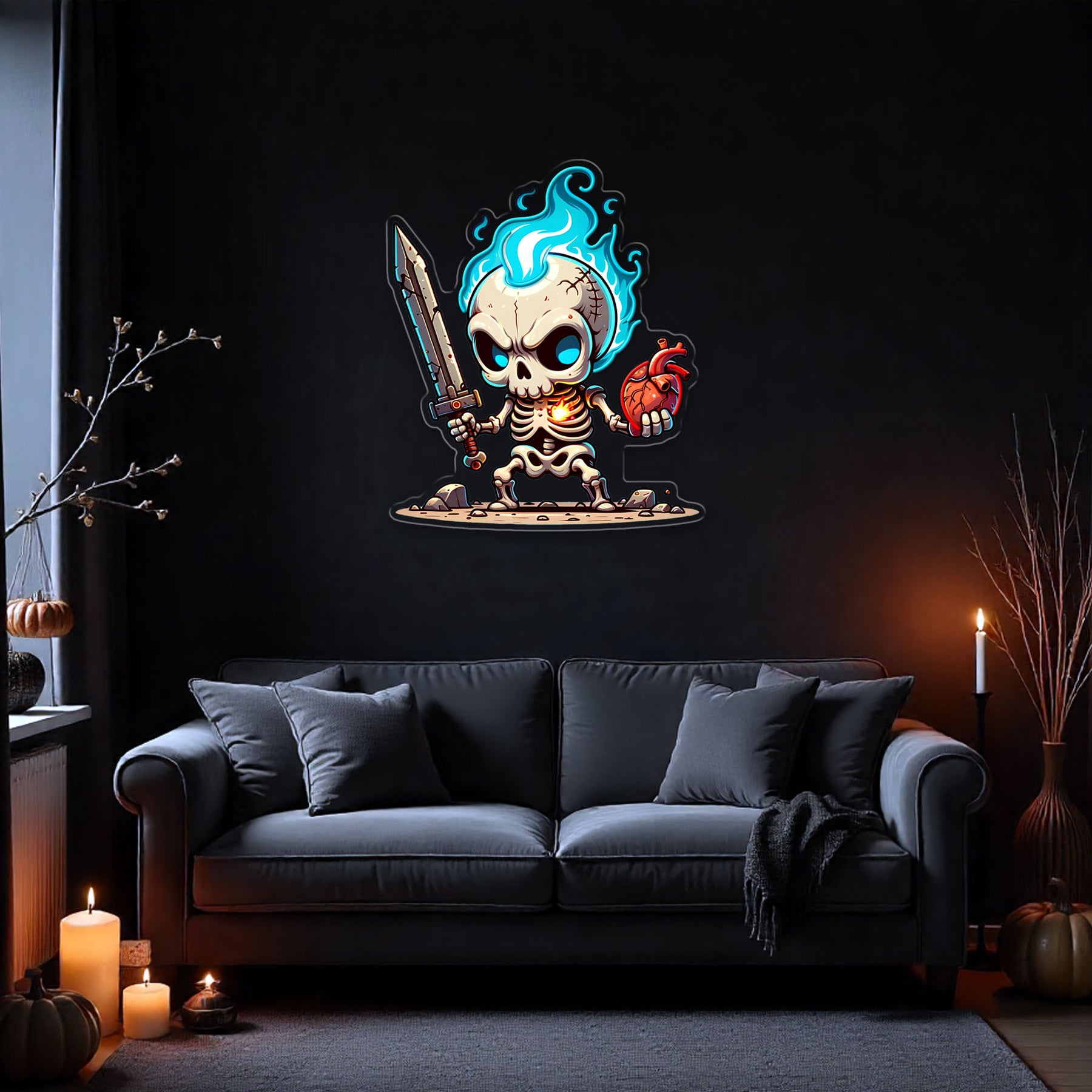 Flaming Skull Neon Sign – LED Skeleton Wall Light for Halloween Party & Game Room Décor