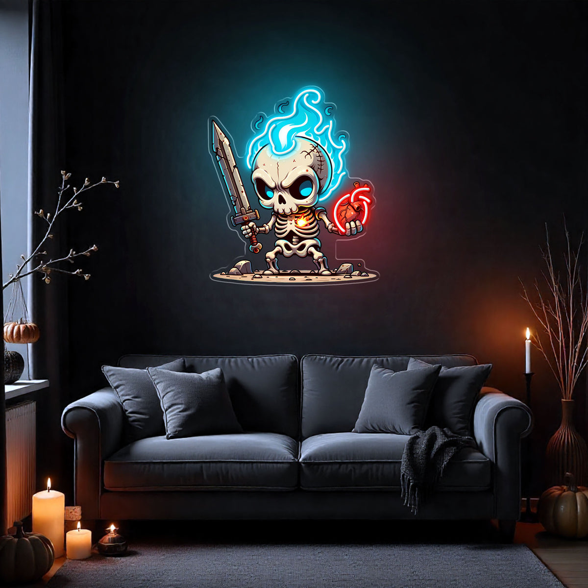 Flaming Skull Neon Sign – LED Skeleton Wall Light for Halloween Party & Game Room Décor
