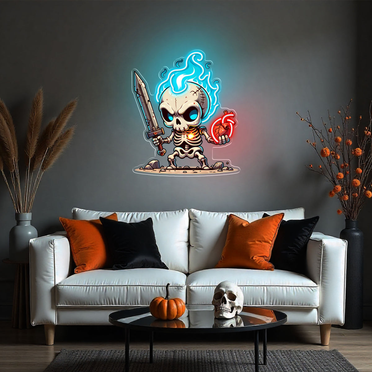 Flaming Skull Neon Sign – LED Skeleton Wall Light for Halloween Party & Game Room Décor