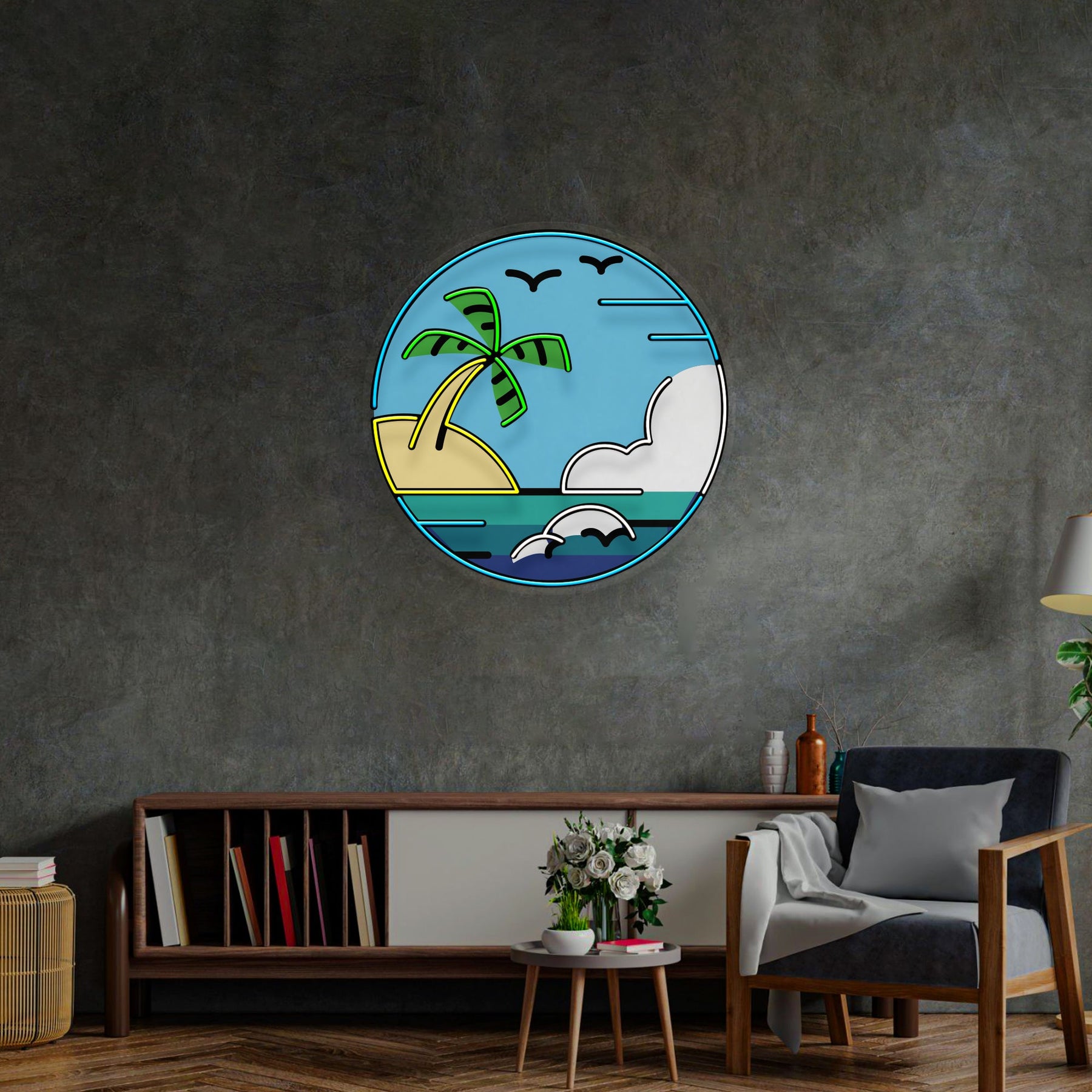 Hawaii Beach Circle LED Neon Sign Light Pop Art