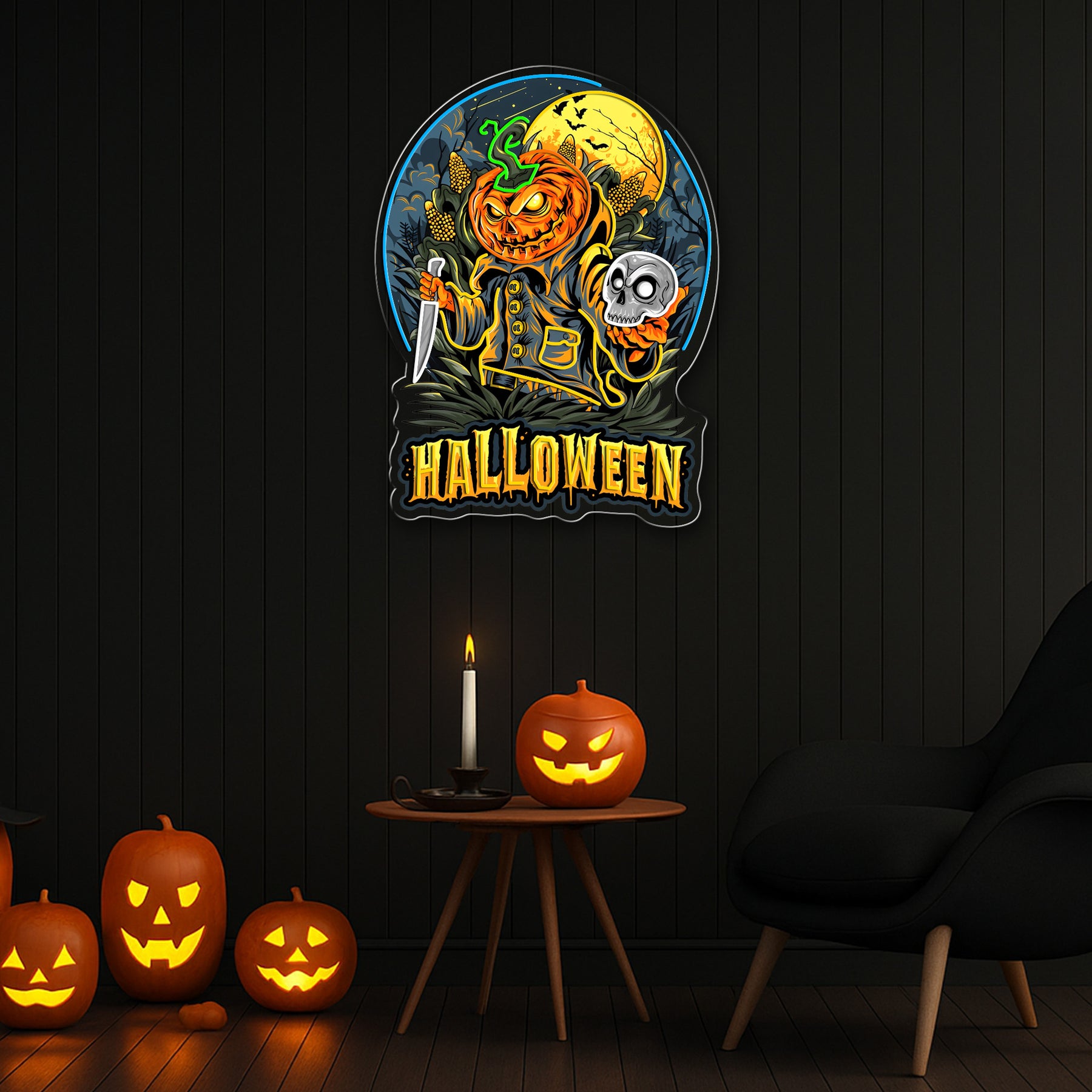 Haunting Halloween Pumpkin Neon Sign – Spooky Jack-O’-Lantern LED Wall Light for Home, Party & Bar Decor