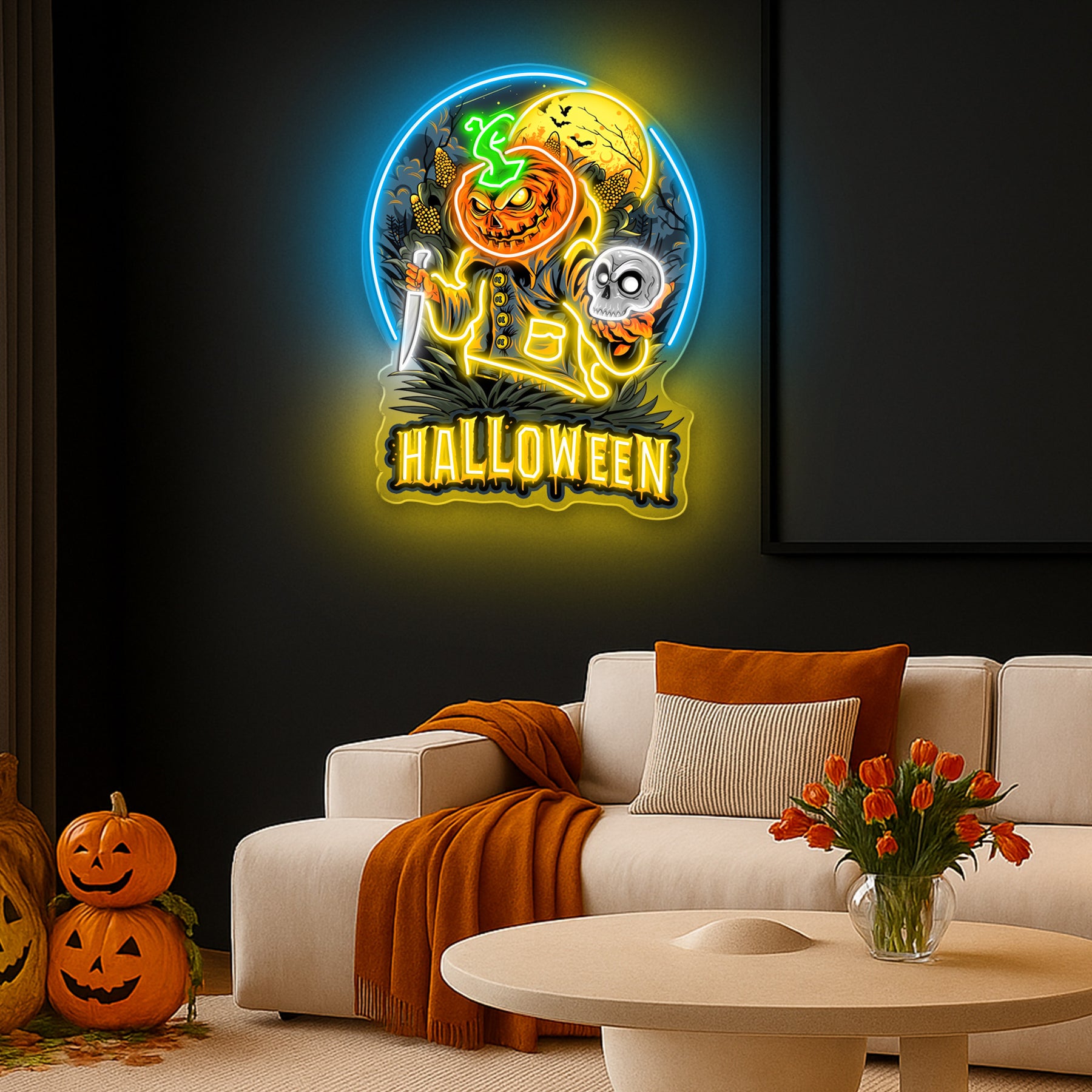 Haunting Halloween Pumpkin Neon Sign – Spooky Jack-O’-Lantern LED Wall Light for Home, Party & Bar Decor