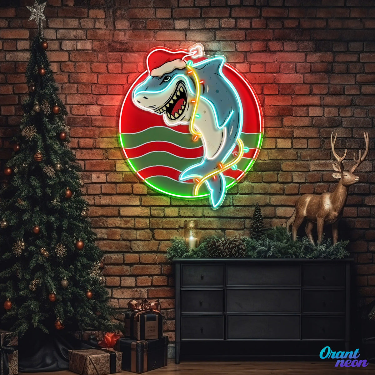 Festive Neon Sign Lights with a Shark Bite Artwork