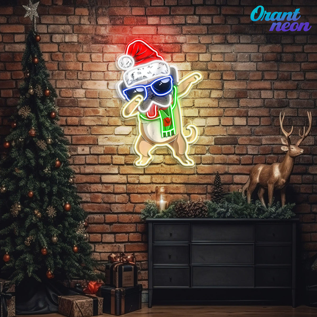 Christmas Pug in Neon Light: A Dapt Delight Neon Sign Light Artwork