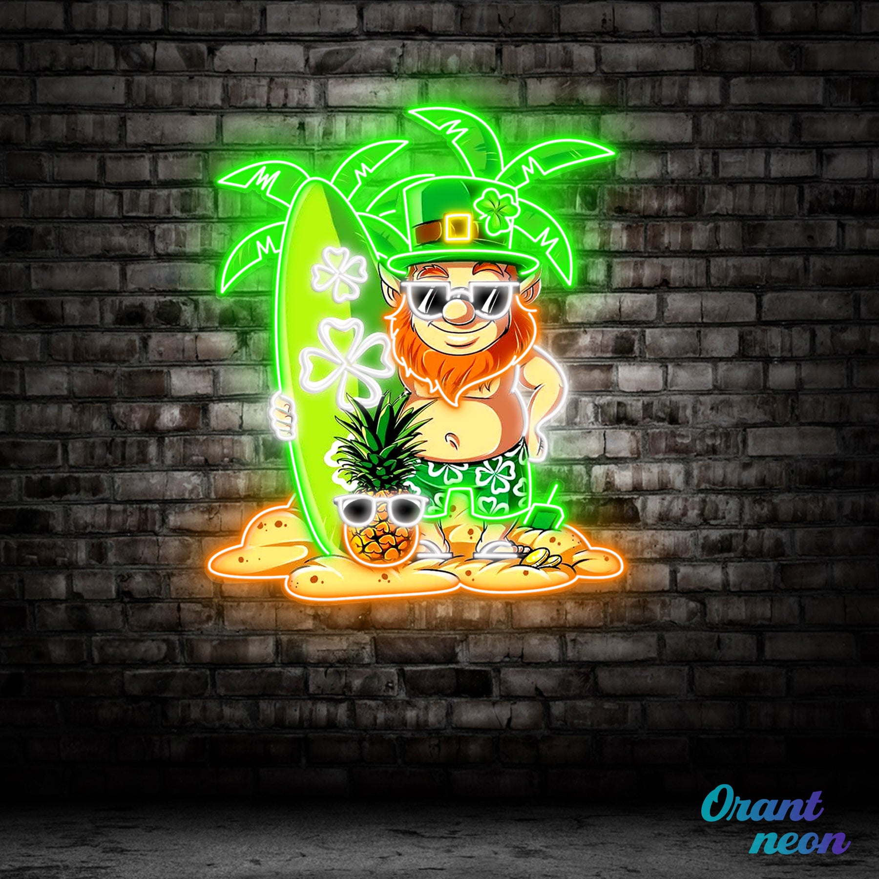 Patrick's Day Goblin With Surfboard And Pineapple Led Neon Acrylic Artwork