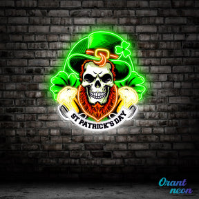 Patrick's Day Skull Wearing Hat And Beer Led Neon Acrylic Artwork