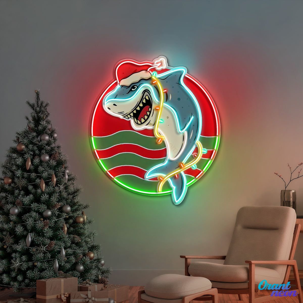 Festive Neon Sign Lights with a Shark Bite Artwork