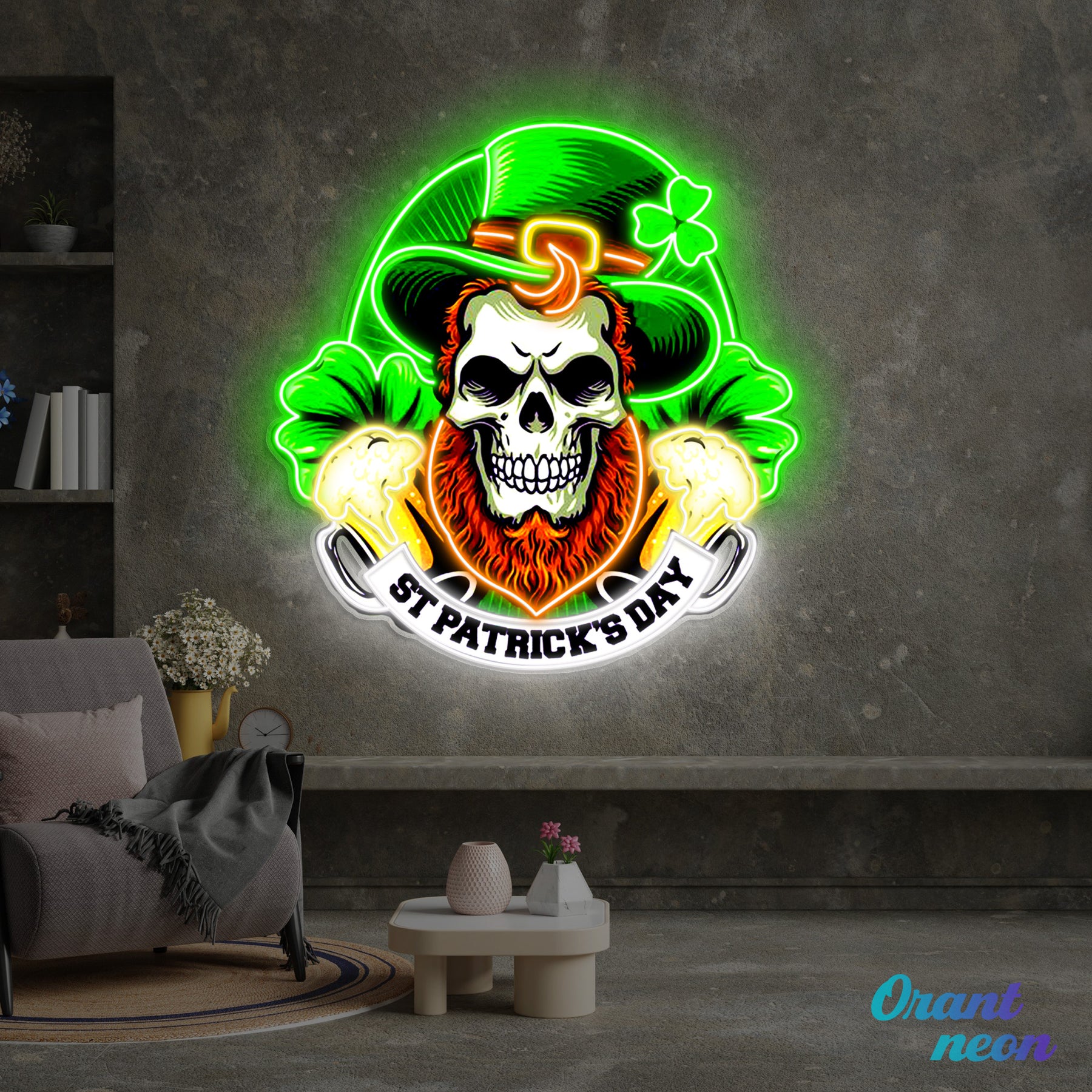 Patrick's Day Skull Wearing Hat And Beer Led Neon Acrylic Artwork