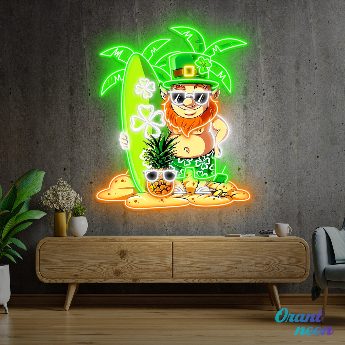 Patrick's Day Goblin With Surfboard And Pineapple Led Neon Acrylic Artwork