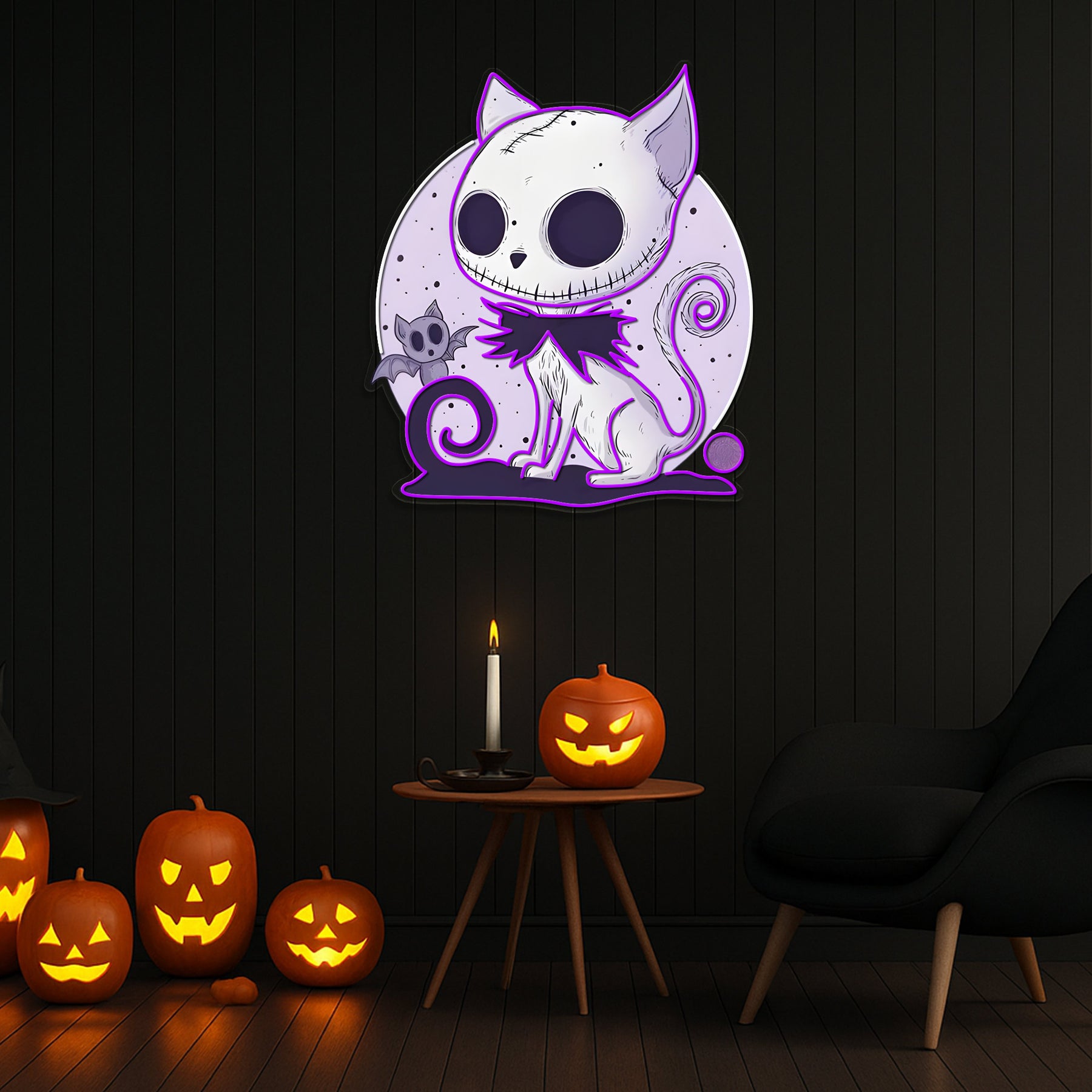 🎃 Spooky Cat & Bat Halloween LED Neon Sign – Glowing Purple Wall Light for Halloween Decor