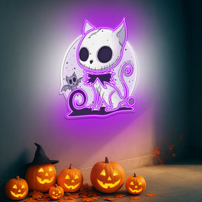 🎃 Spooky Cat & Bat Halloween LED Neon Sign – Glowing Purple Wall Light for Halloween Decor