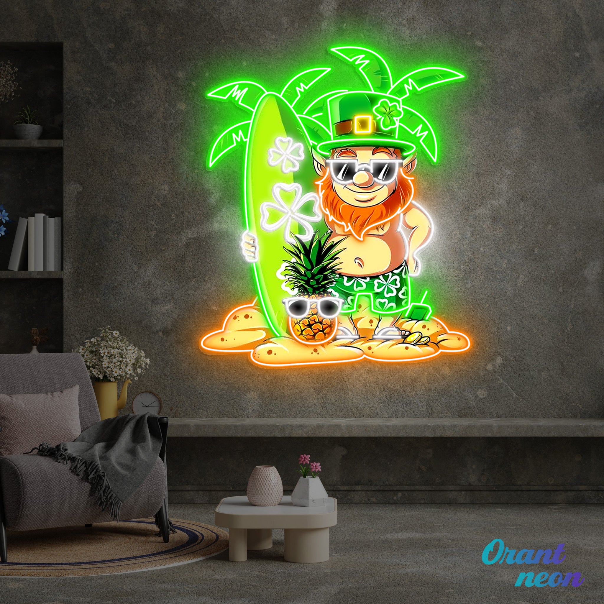 Patrick's Day Goblin With Surfboard And Pineapple Led Neon Acrylic Artwork