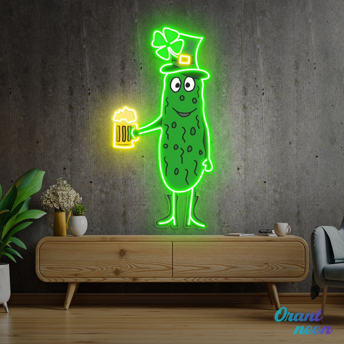 Patrick's Day Cucumber Wearing Hat and Drinking Beer Led Neon Acrylic Artwork