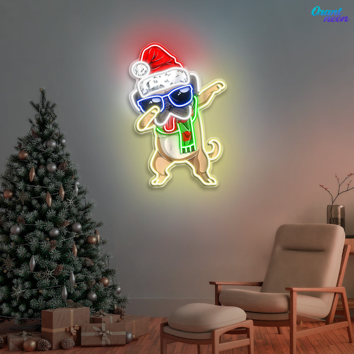 Christmas Pug in Neon Light: A Dapt Delight Neon Sign Light Artwork