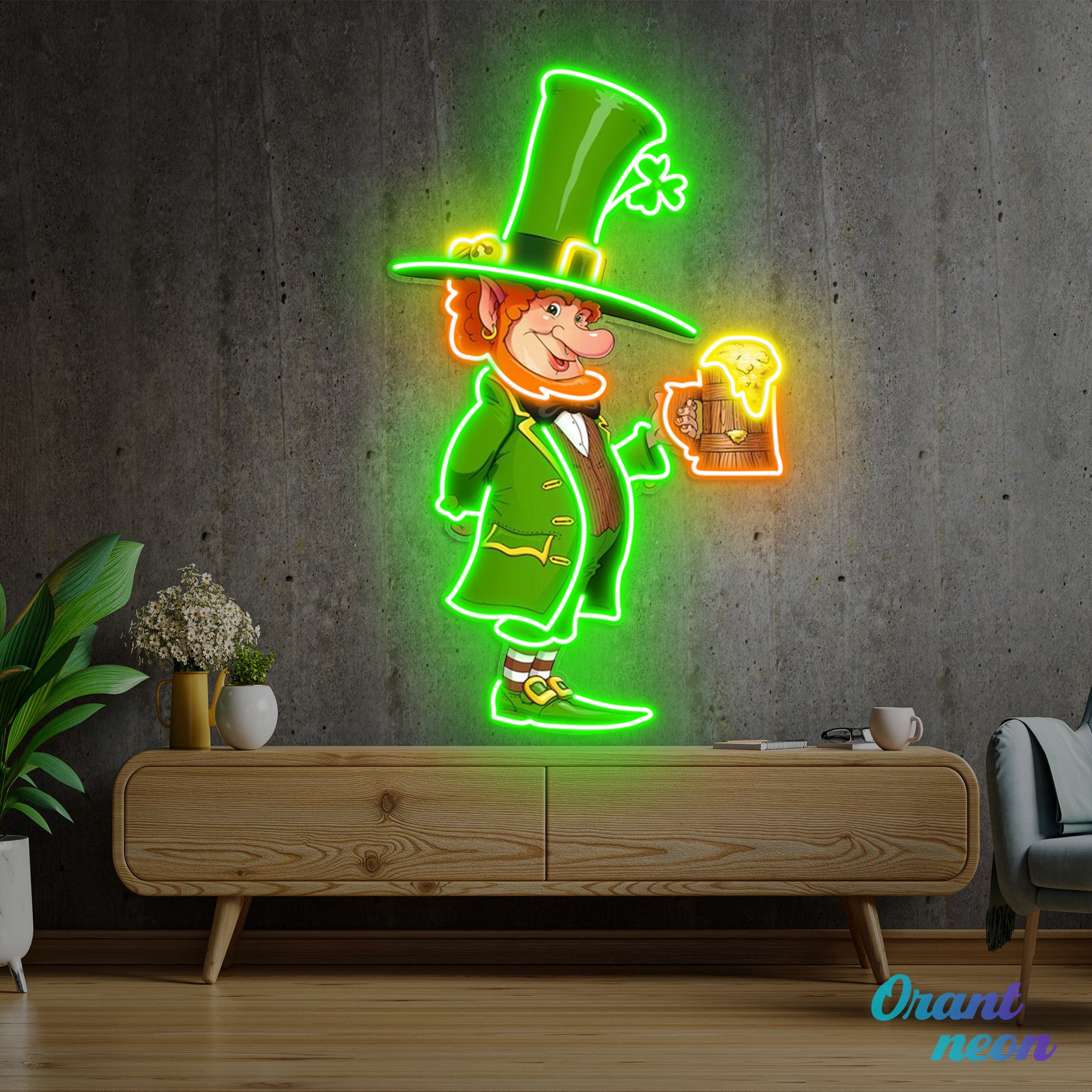 Patrick's Day Goblin Drinking Beer And Welcome Led Neon Acrylic Artwork