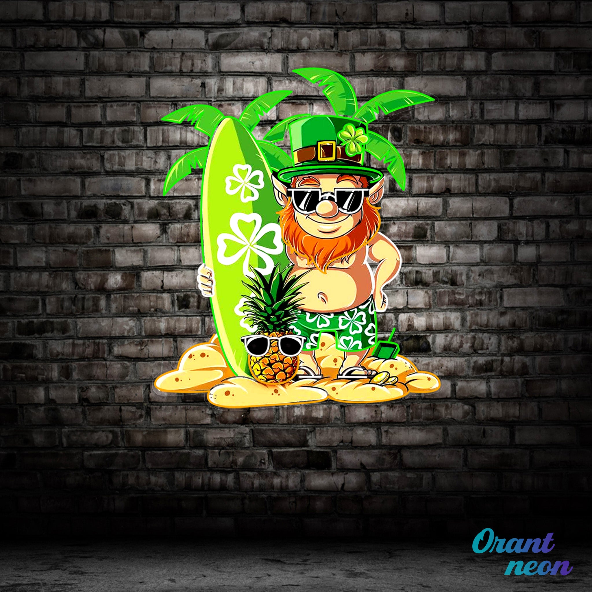 Patrick's Day Goblin With Surfboard And Pineapple Led Neon Acrylic Artwork