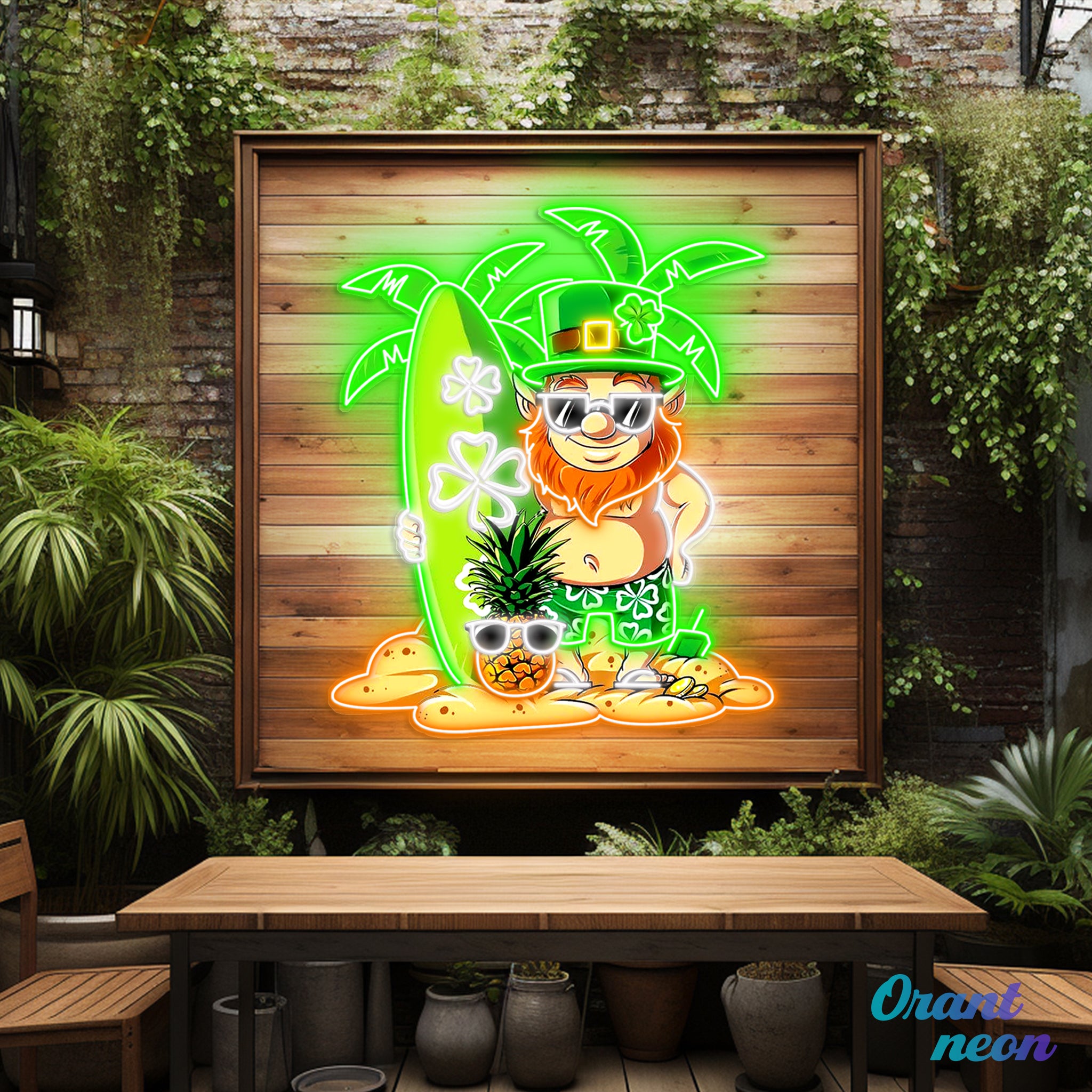 Patrick's Day Goblin With Surfboard And Pineapple Led Neon Acrylic Artwork