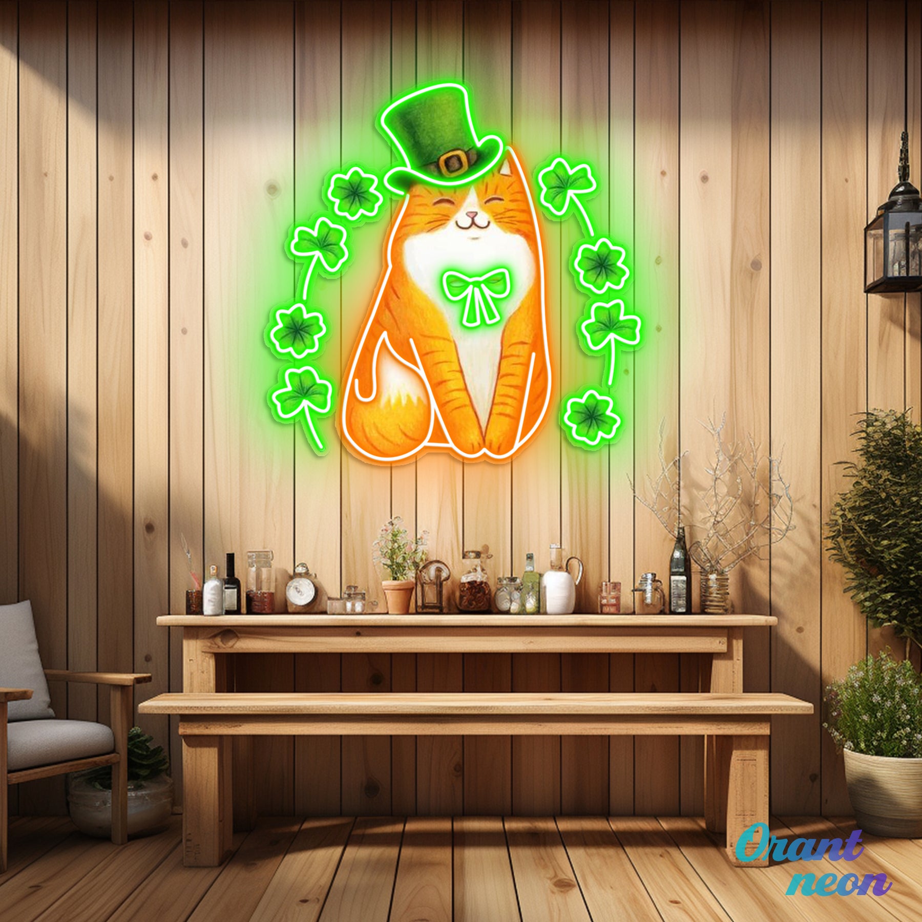 Patrick's Day Cute Cat with Lucky Four Leaf Clover Led Neon Acrylic Artwork