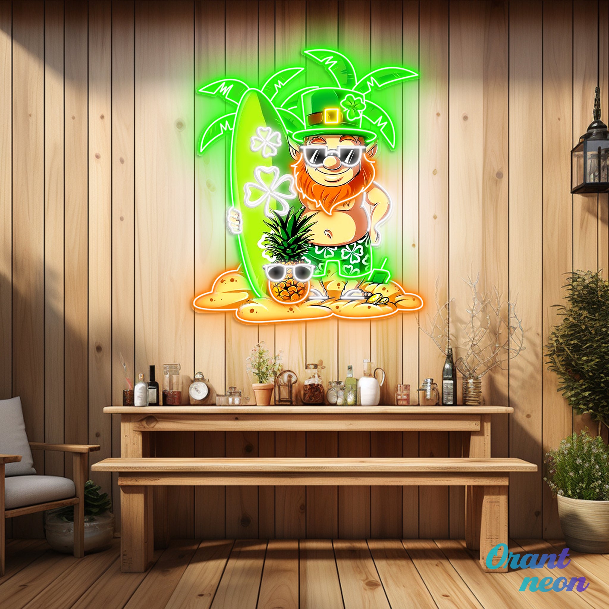 Patrick's Day Goblin With Surfboard And Pineapple Led Neon Acrylic Artwork