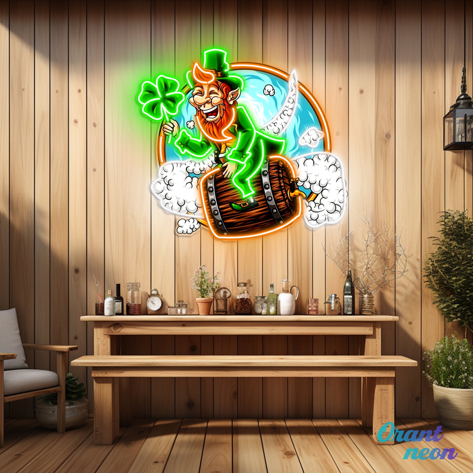 Patrick's Day Goblin Flying On A Wine Valley Holding A Four Leaf Clover Led Neon Acrylic Artwork