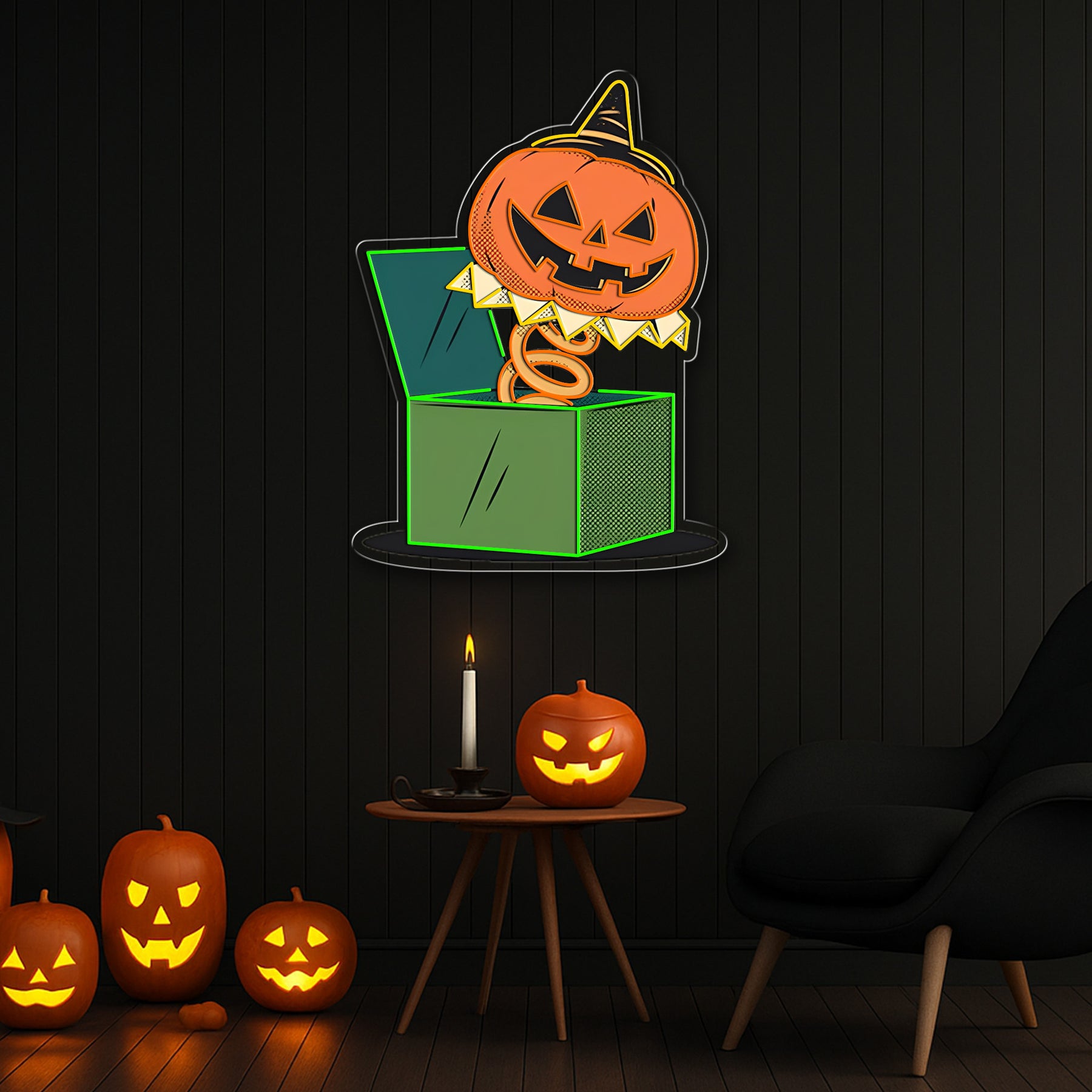 Jack in the Box Pumpkin Halloween Neon Sign – Fun & Spooky Green LED Wall Decor
