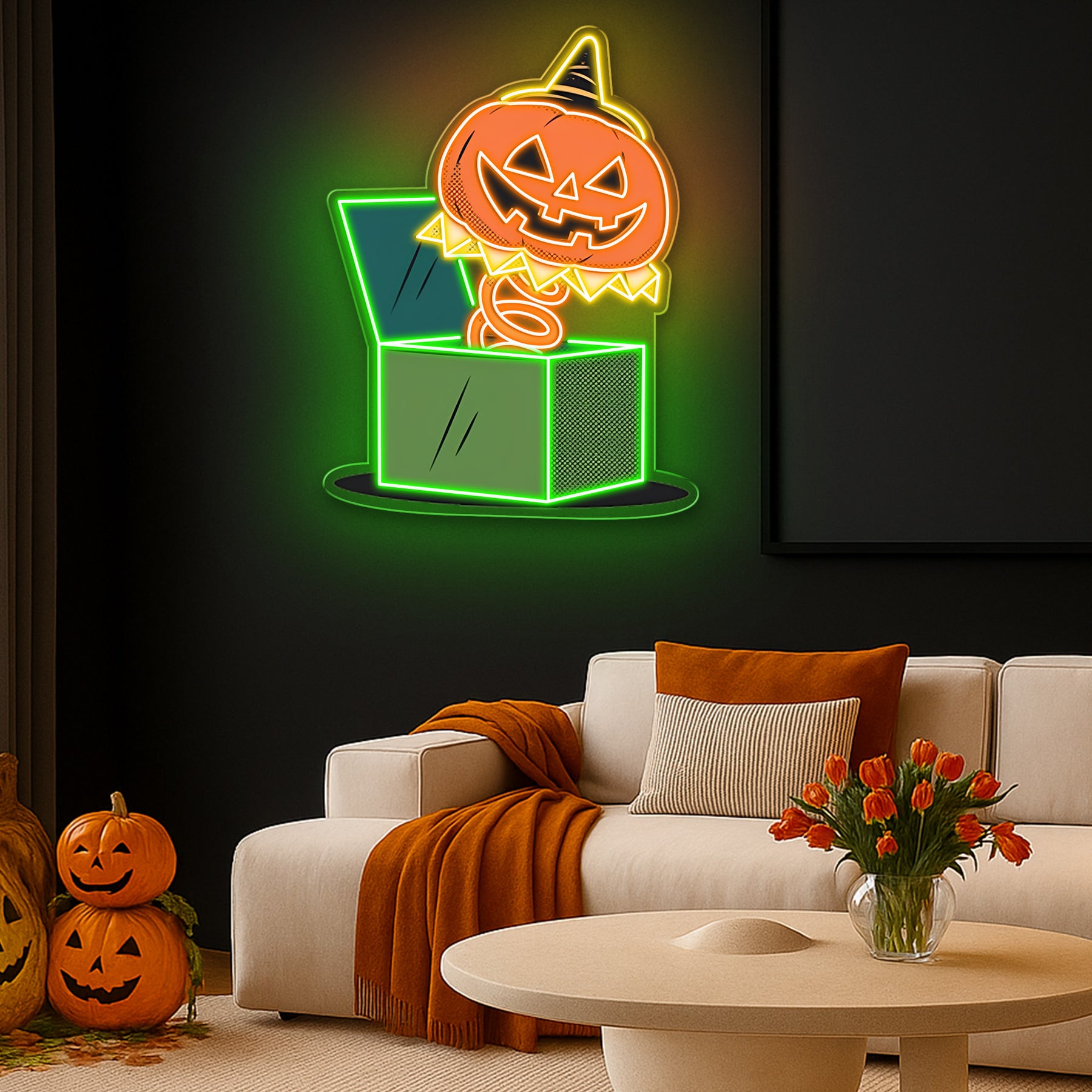 Jack in the Box Pumpkin Halloween Neon Sign – Fun & Spooky Green LED Wall Decor
