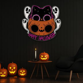 🐾 Cute Halloween Cat & Ghosts LED Neon Sign – Happy Halloween Light