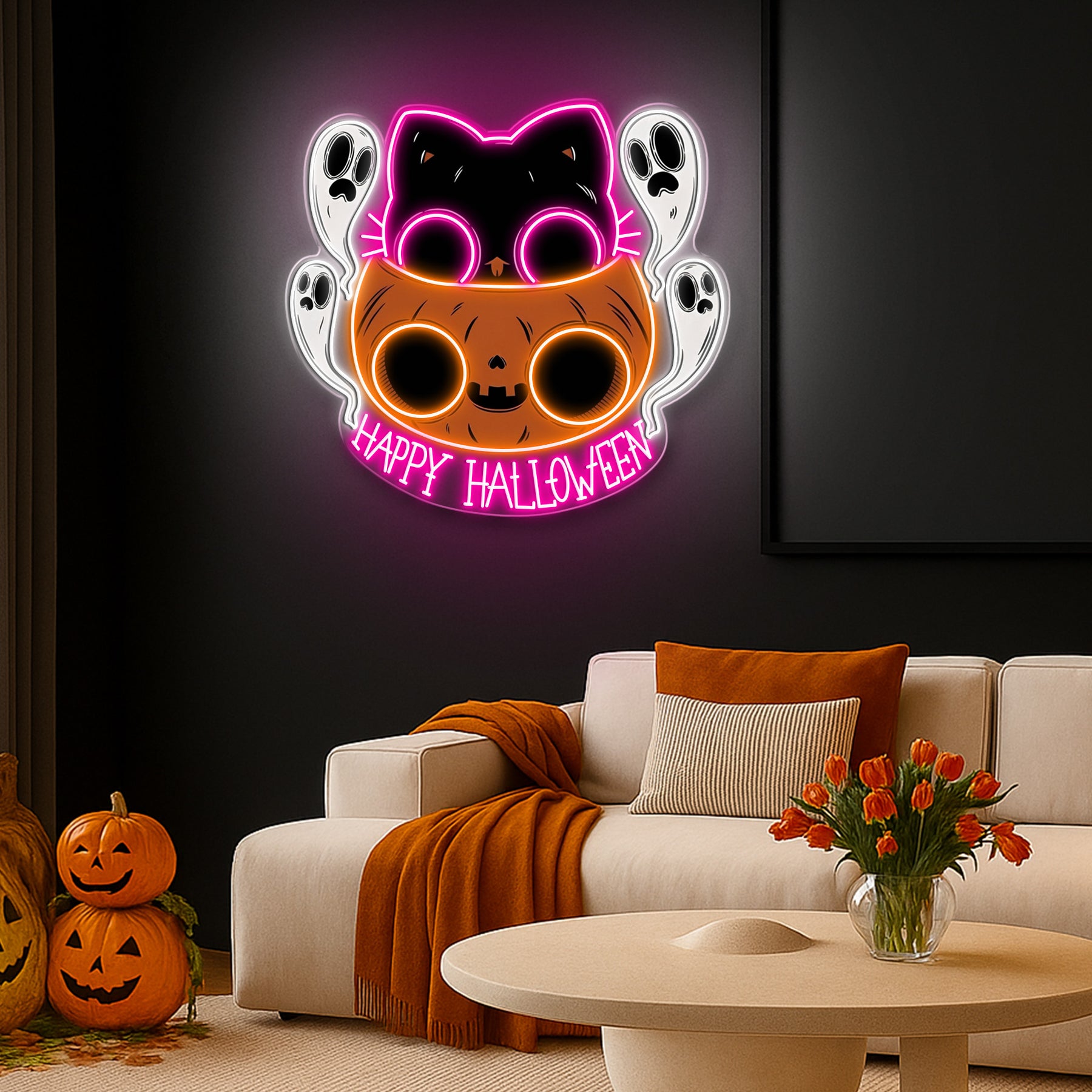 🐾 Cute Halloween Cat & Ghosts LED Neon Sign – Happy Halloween Light