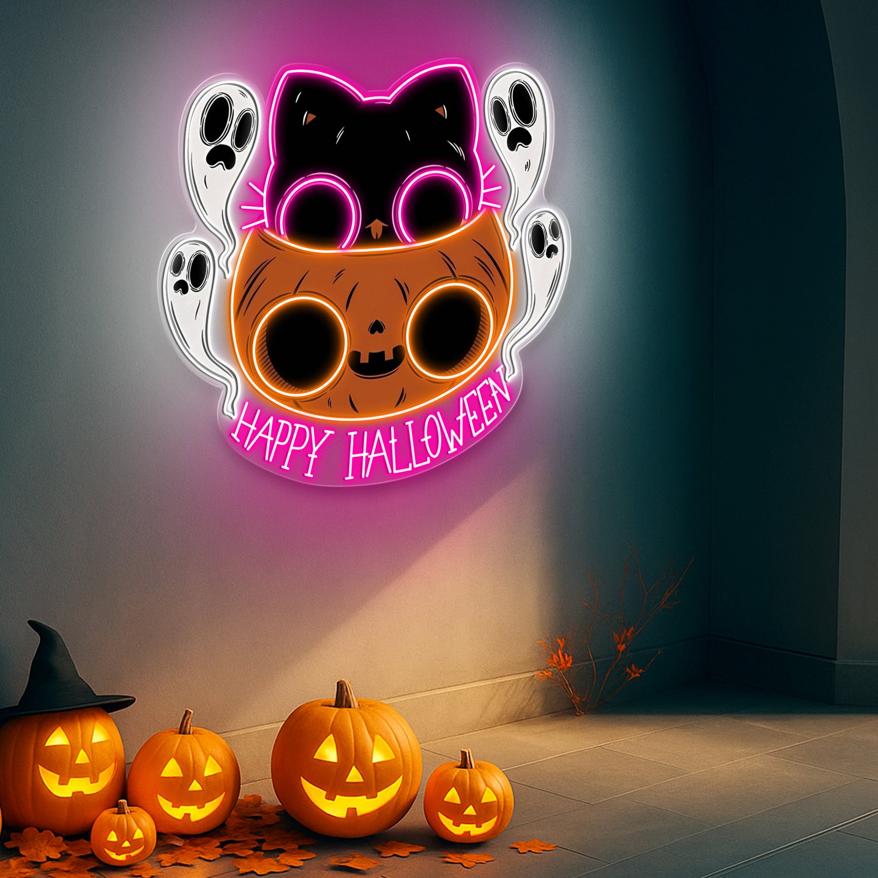 🐾 Cute Halloween Cat & Ghosts LED Neon Sign – Happy Halloween Light