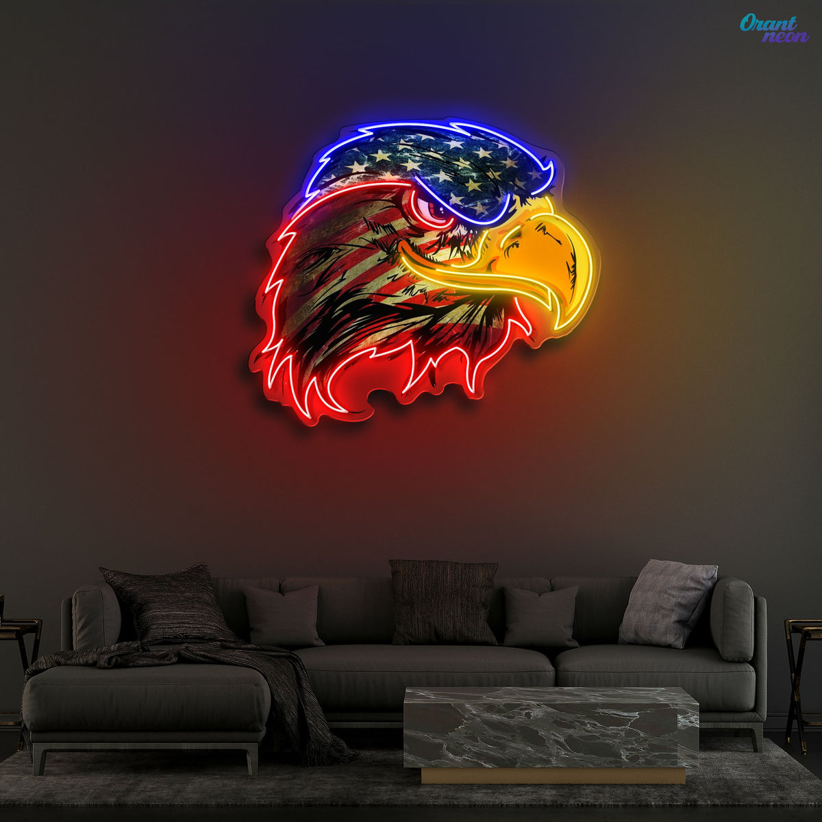 Majestic Glow: Eagle’s Flight with Flag Neon Sign