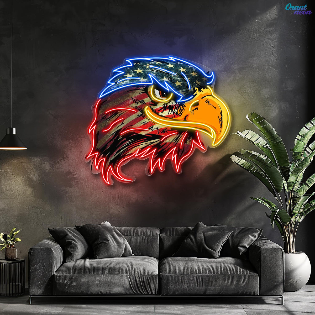 Majestic Glow: Eagle’s Flight with Flag Neon Sign