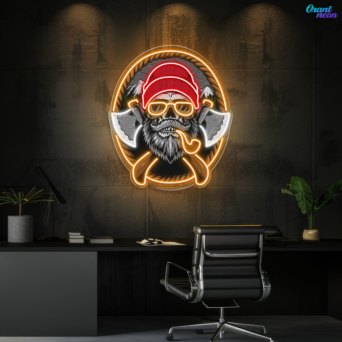 Beard Woodman Skull With Axe Neon Sign Light Artwork