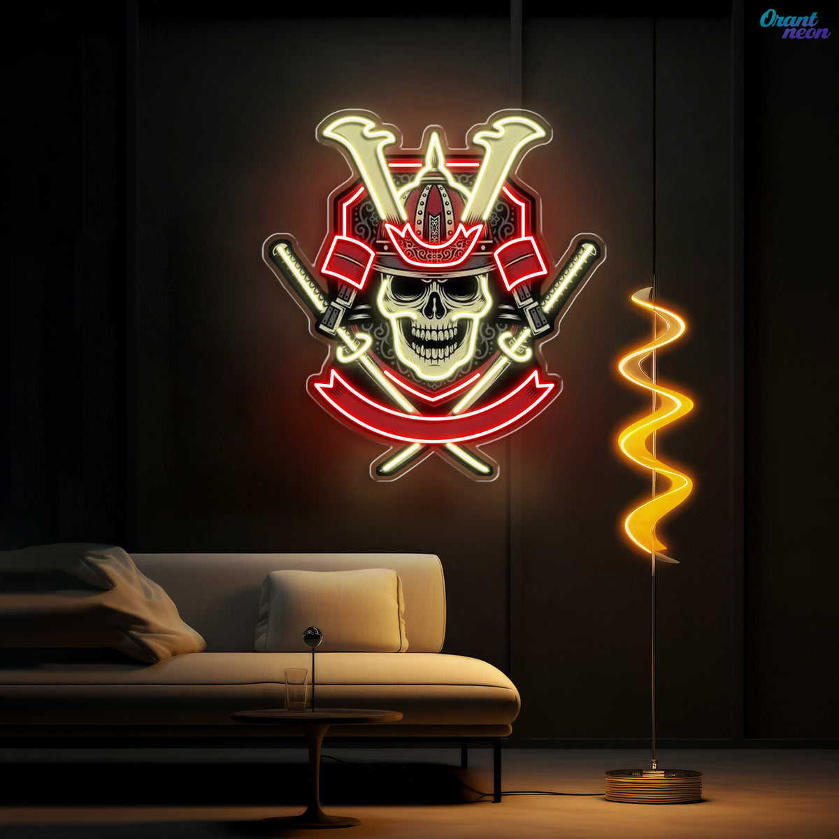 Japanese Samurai Skull Holding Katana Sword Neon Sign Light Artwork