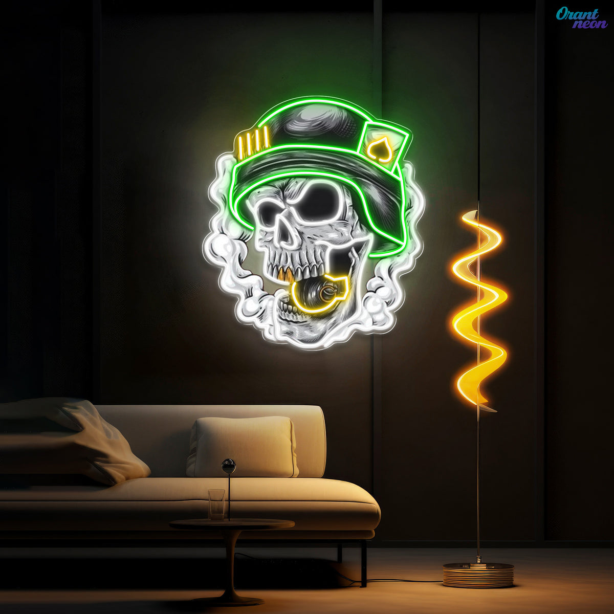 Cool Skull Wearing Helmet With Smoke and Bomb Neon Sign Light Artwork