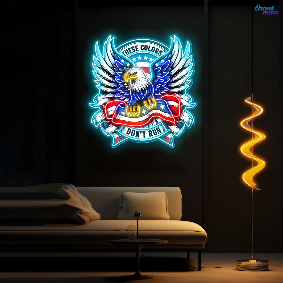 Soaring Freedom: The Eagle and Flag in Neon Sign Light Artwork