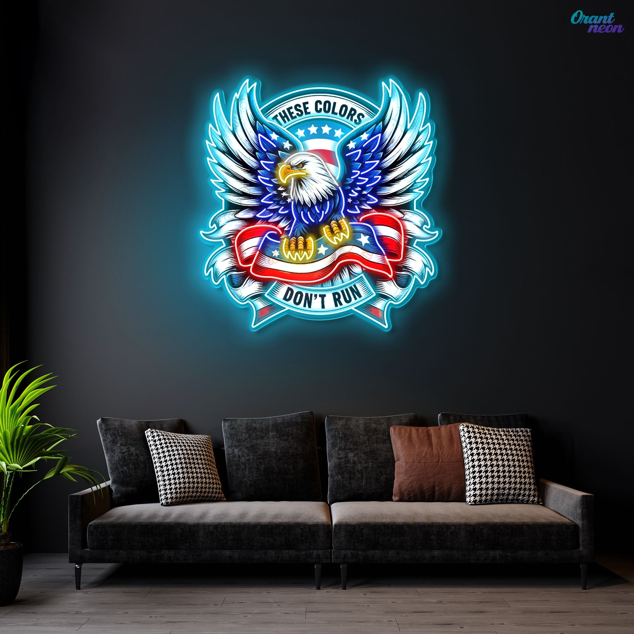 Soaring Freedom: The Eagle and Flag in Neon Sign Light Artwork