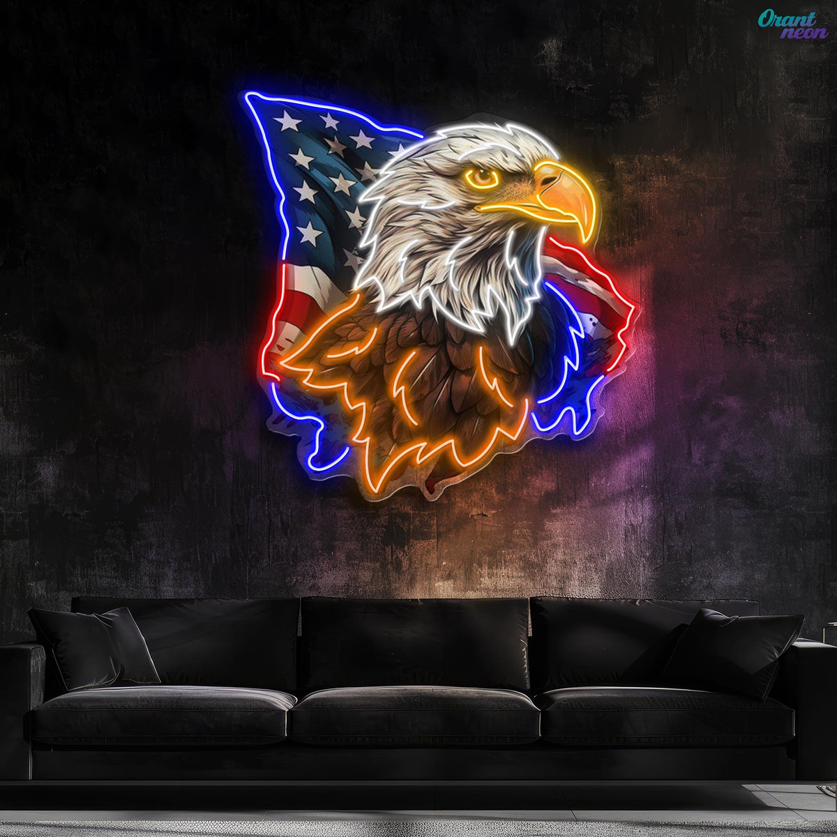 Flying America flag with US Eagle Head Neon Sign Light Artwork