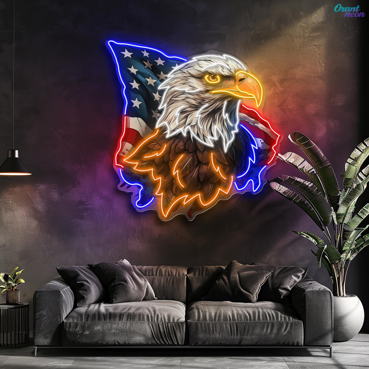 Flying America flag with US Eagle Head Neon Sign Light Artwork