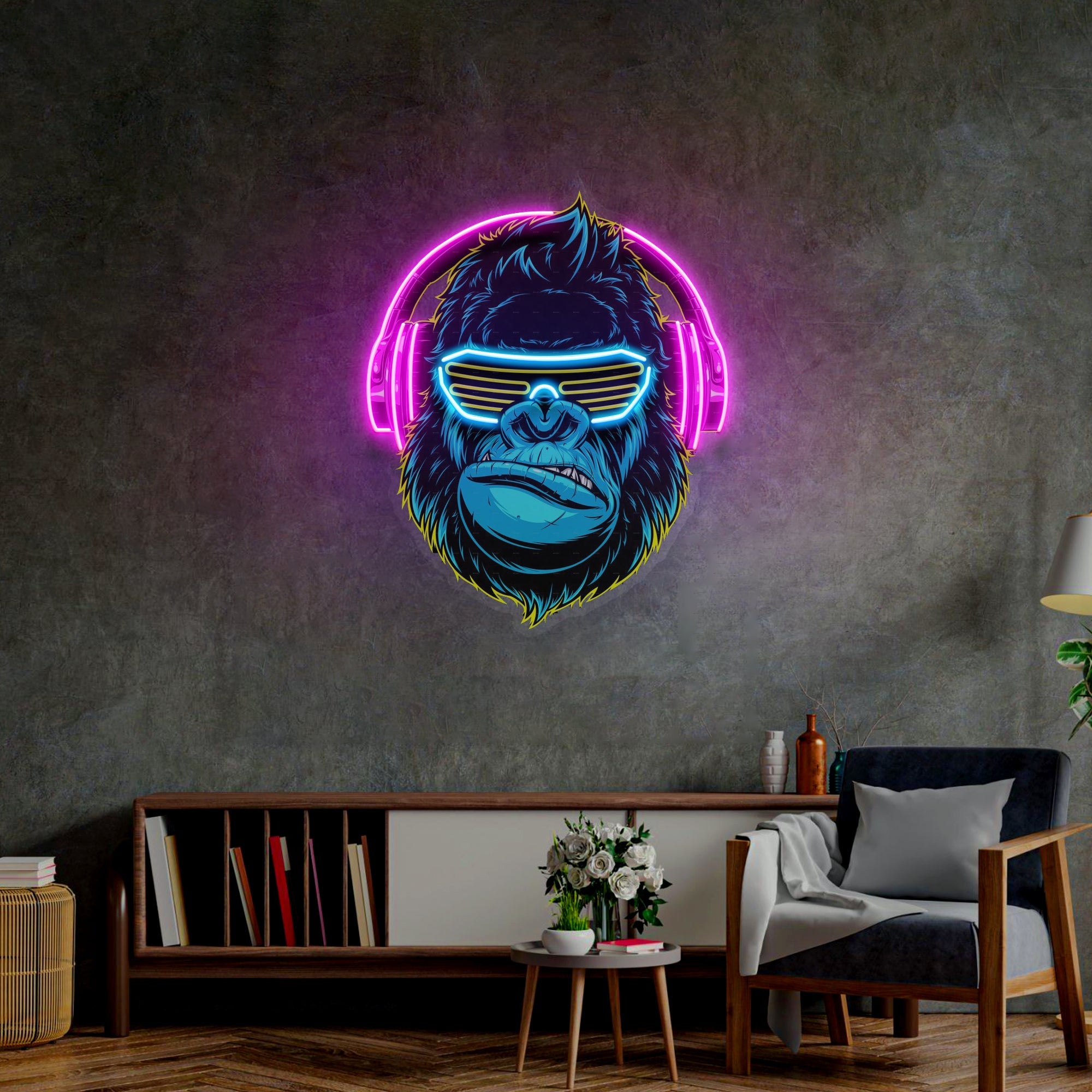 Gorilla with Headphones LED Neon Sign Light Pop Art