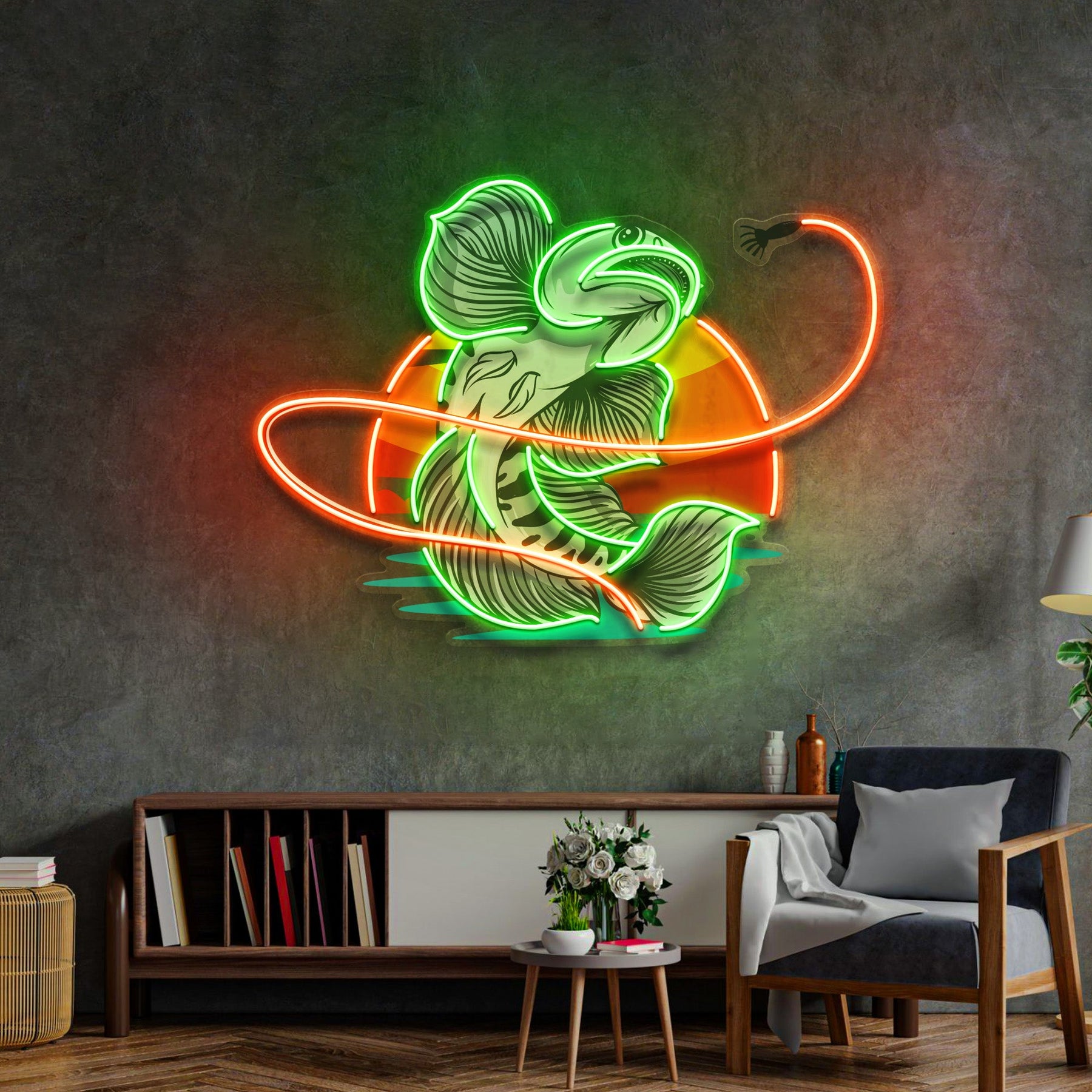 Green Fish Eat Bait LED Neon Sign Light Pop Art