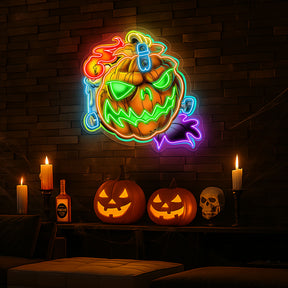 Spooky Pumpkin LED Neon Sign – Halloween Wall Decor with Glowing Green Flames