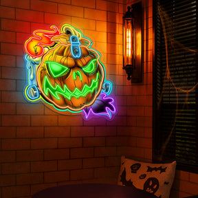 Spooky Pumpkin LED Neon Sign – Halloween Wall Decor with Glowing Green Flames