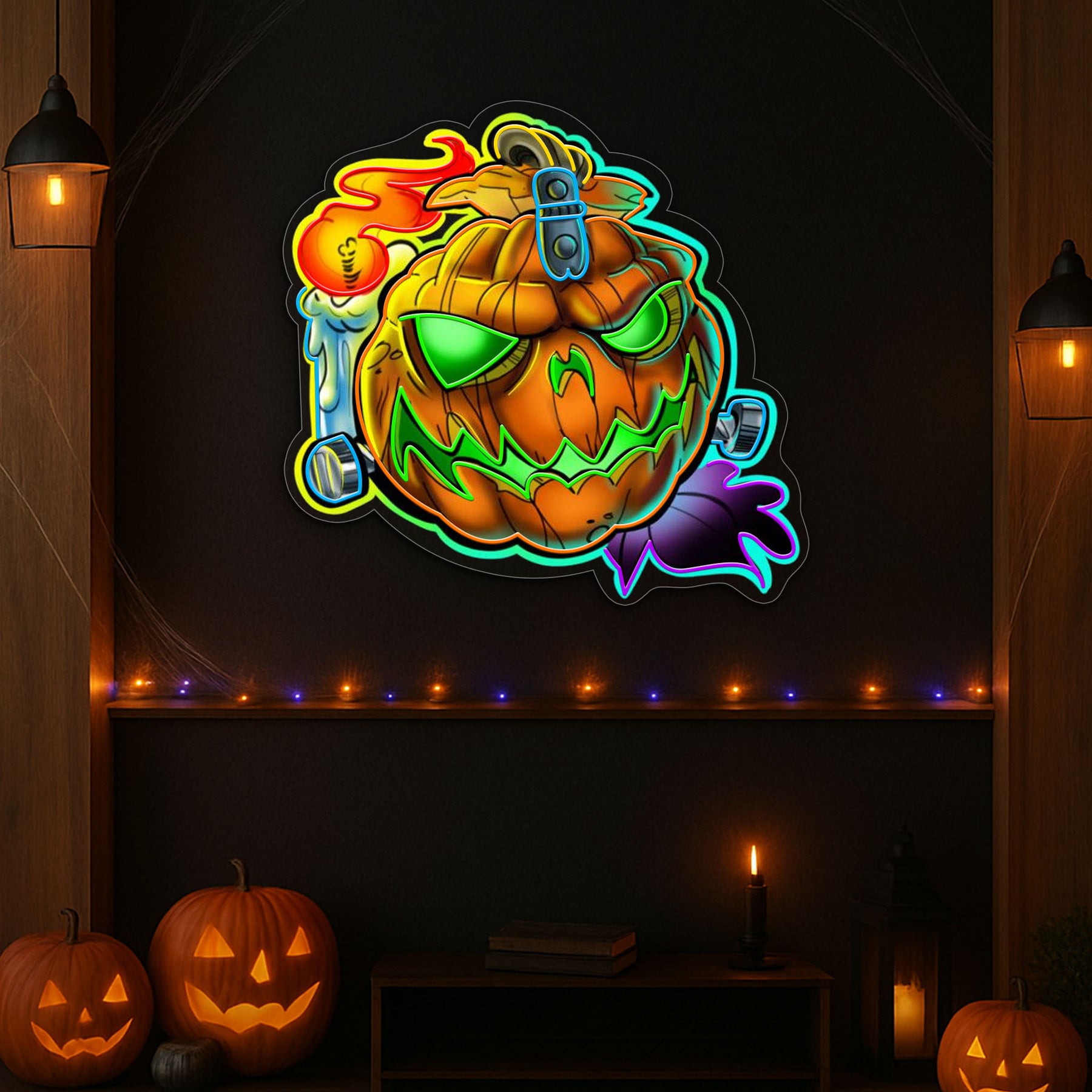 Spooky Pumpkin LED Neon Sign – Halloween Wall Decor with Glowing Green Flames