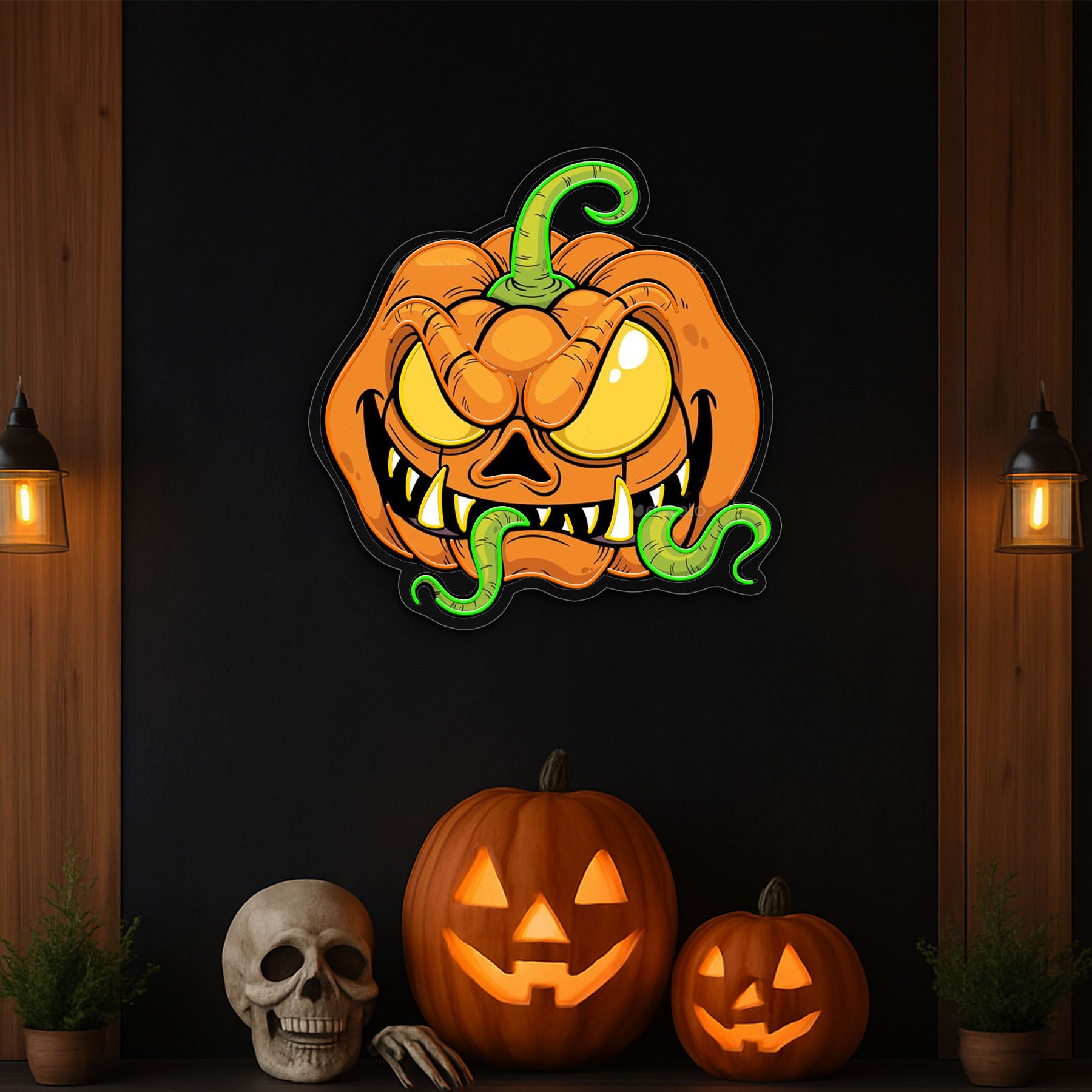 Creepy Crawly Pumpkin LED Neon Sign – Halloween Wall Decor with Glowing Worms