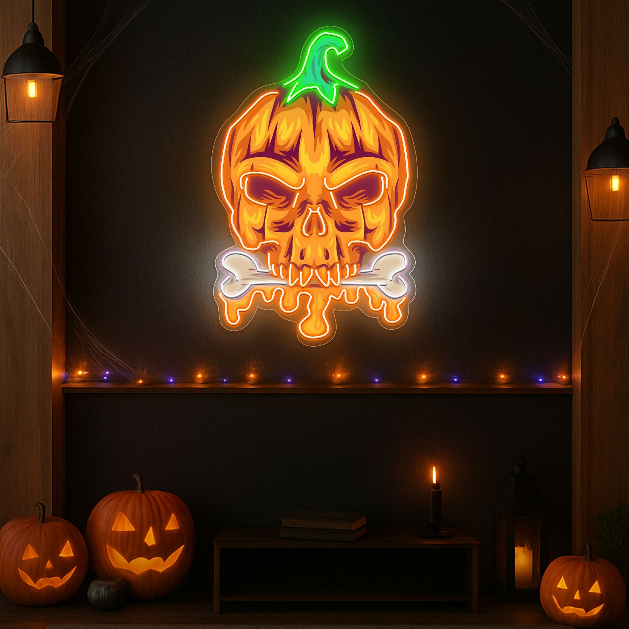 Halloween Pumpkin Skull Neon Sign – Spooky LED Wall Light for Haunted
