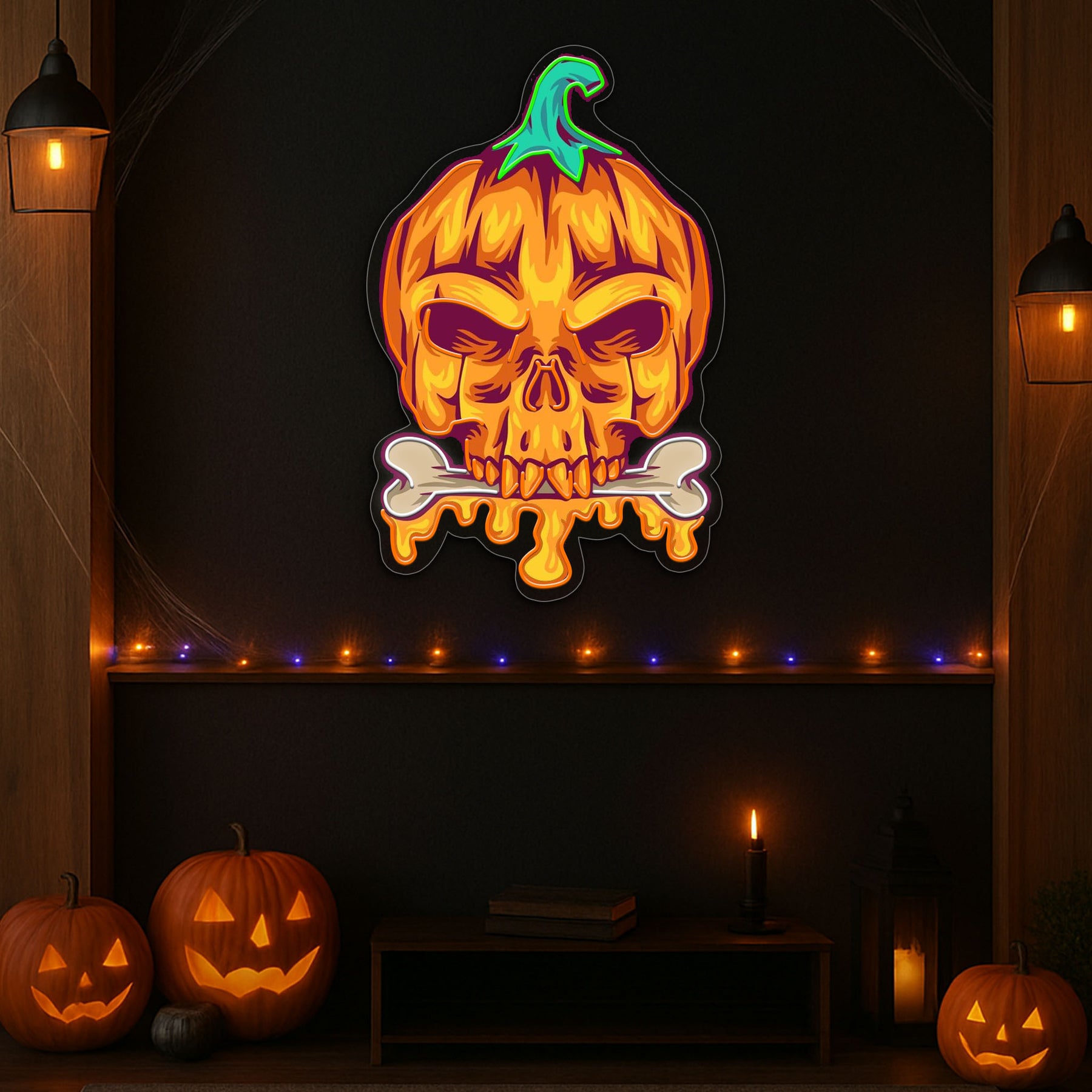 Halloween Pumpkin Skull Neon Sign – Spooky LED Wall Light for Haunted House & Party Decor