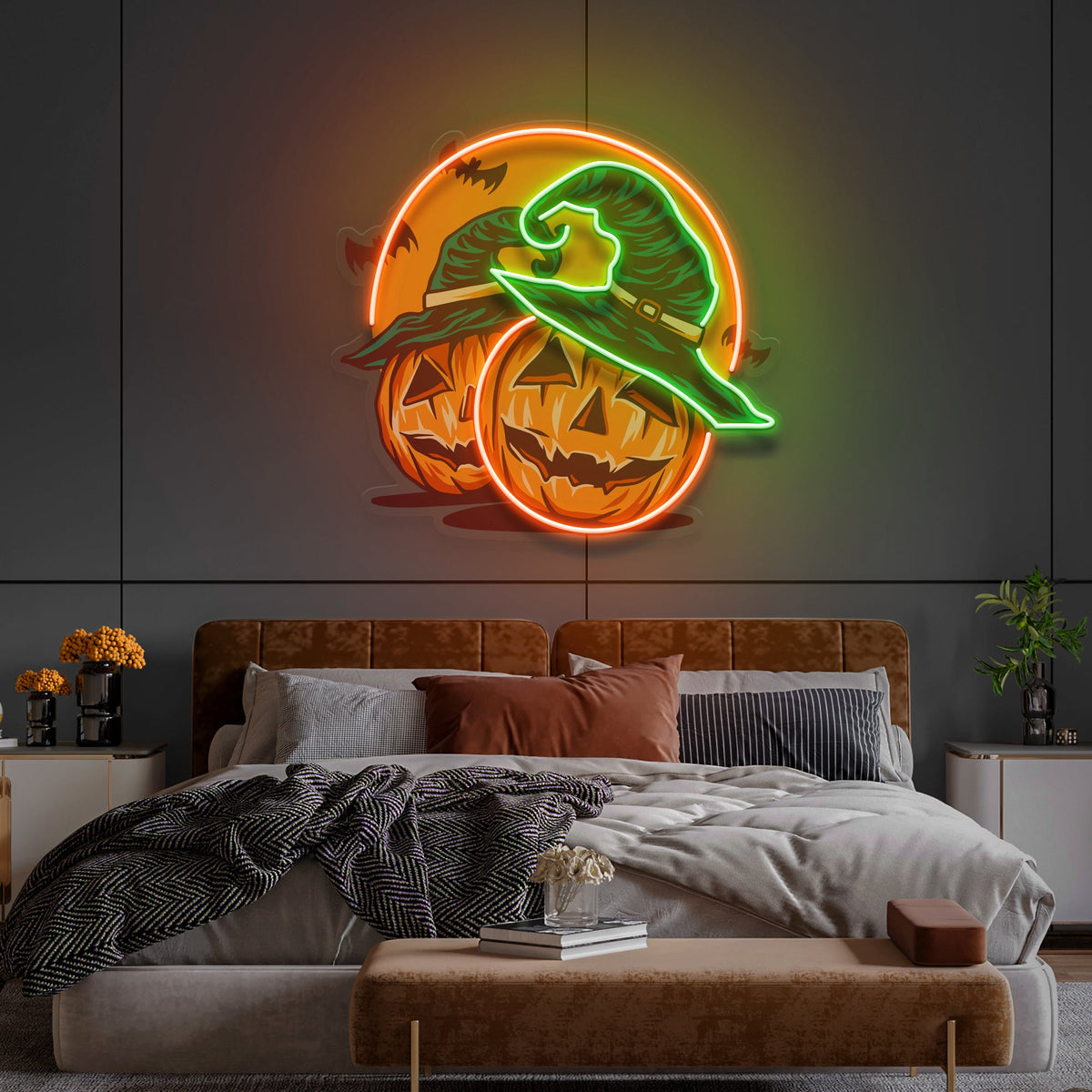 Halloween Pumpkin And Red Moon Artwork Led Neon Sign Light