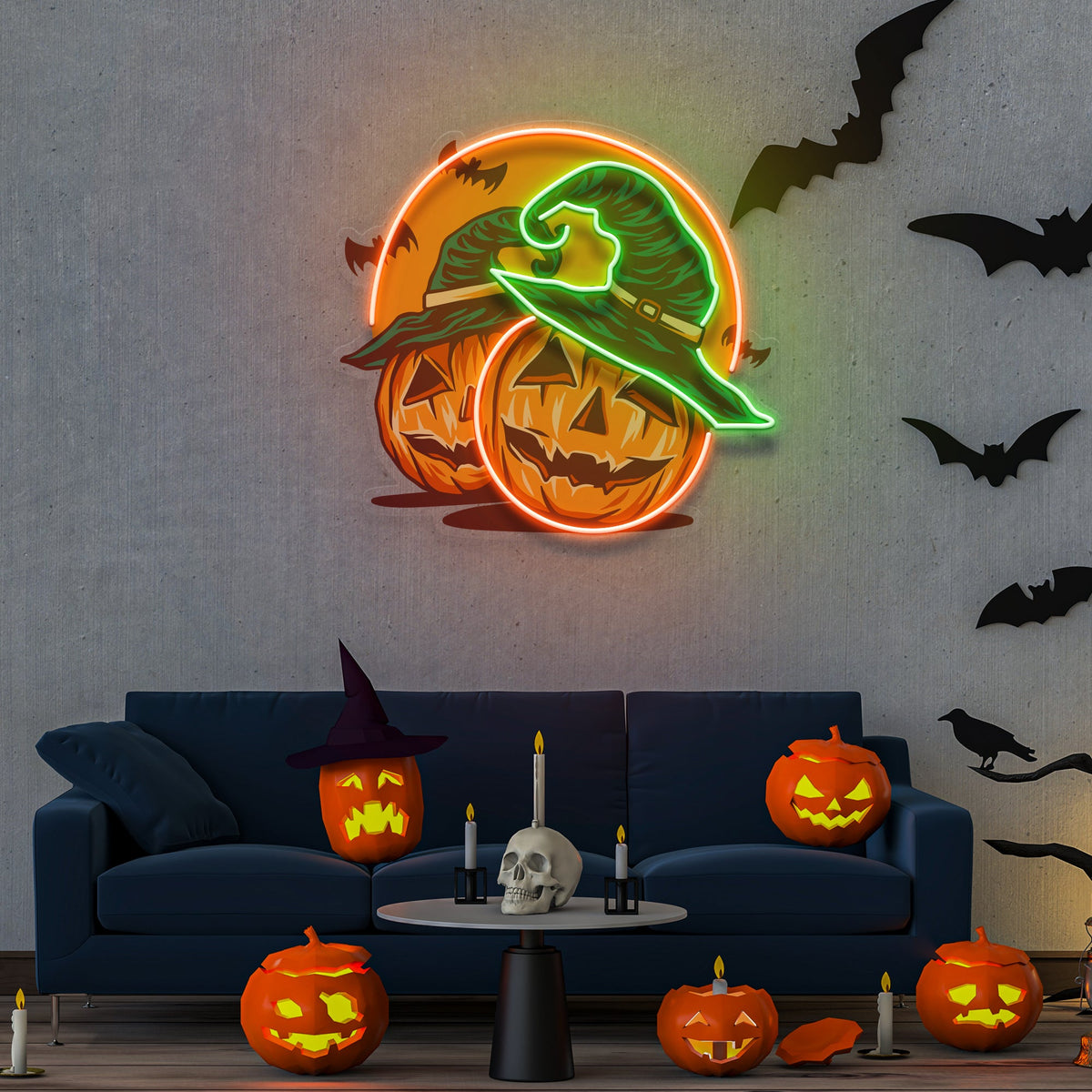 Halloween Pumpkin And Red Moon Artwork Led Neon Sign Light